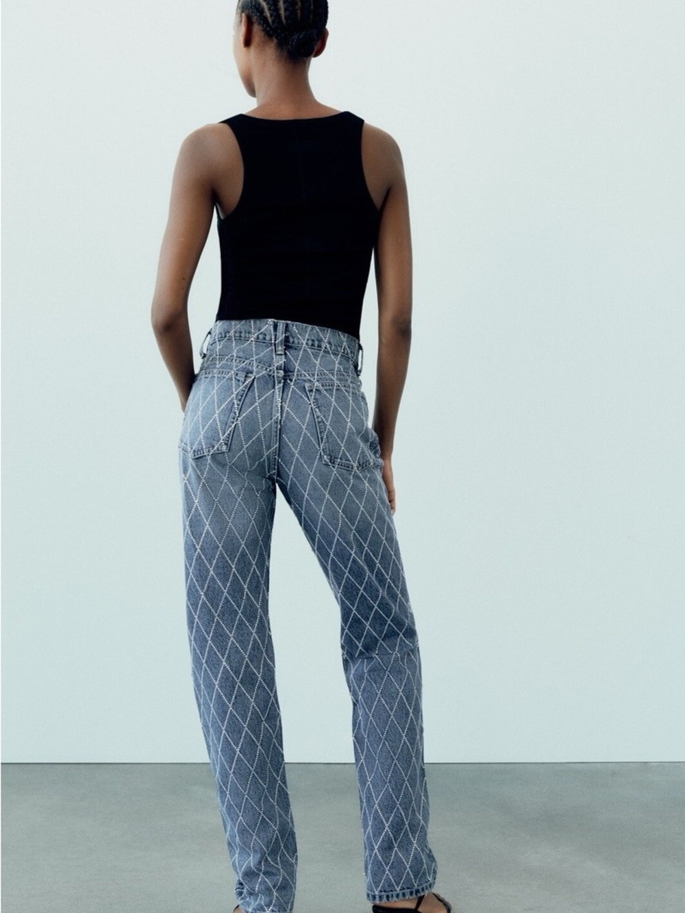 Zara Blue Diamond-Print Straight Jeans